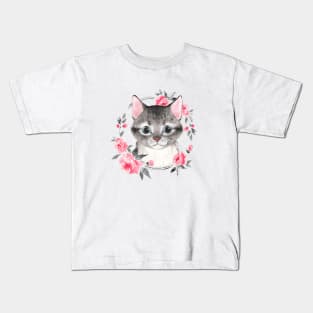 Gray cat with flowers Kids T-Shirt